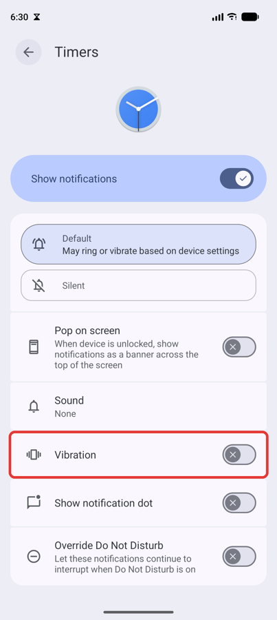A notification category page with Vibration off