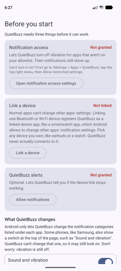 Permission screen explaining each permission