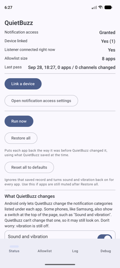 Status tab with Run now, Restore all, and Reset buttons